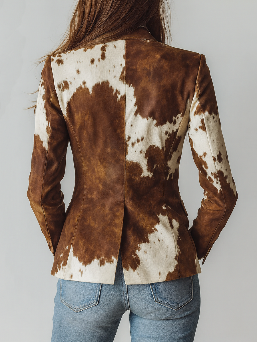 Blazer Sartoriale da Donna con Stampa Muccata Vintage | Giacca Monopetto Strutturata con Revers e Tasche con Pattina
