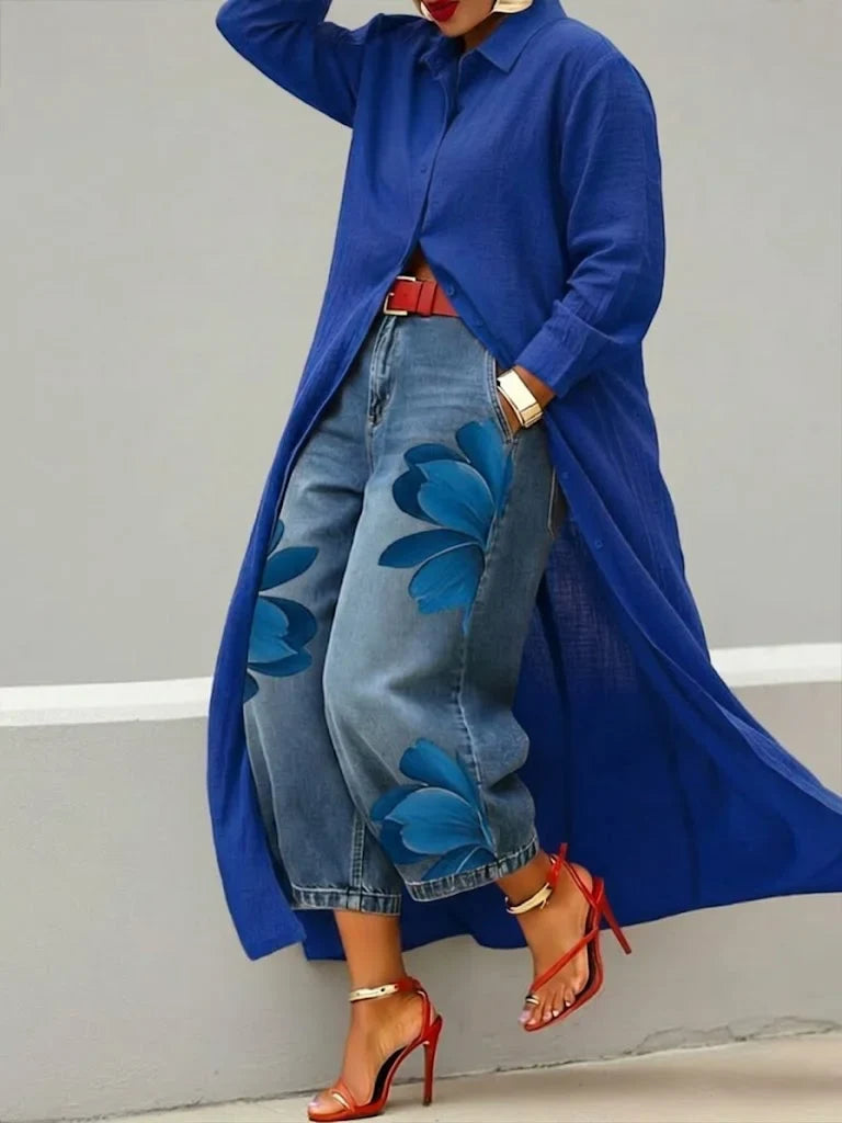 Completo da Donna Elegante con Vestito Chemisier Lungo e Jeans Floreali | Set Coordinato 2 Pezzi Spolverino in Lino e Denim a Gamba Dritta