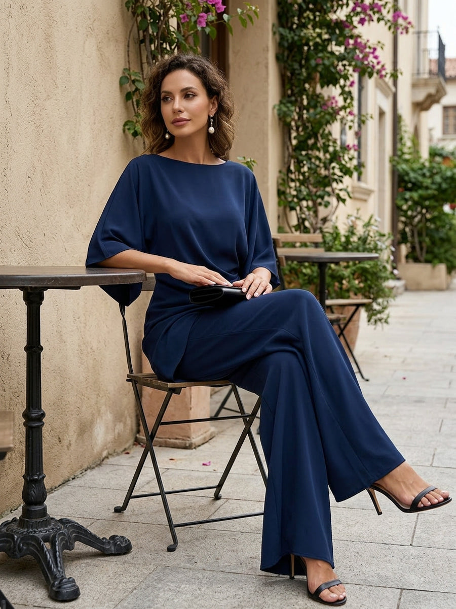Completo Due Pezzi da Donna con Drappeggio Asimmetrico – Top con Scollo a Barca e Pantaloni a Gamba Larga