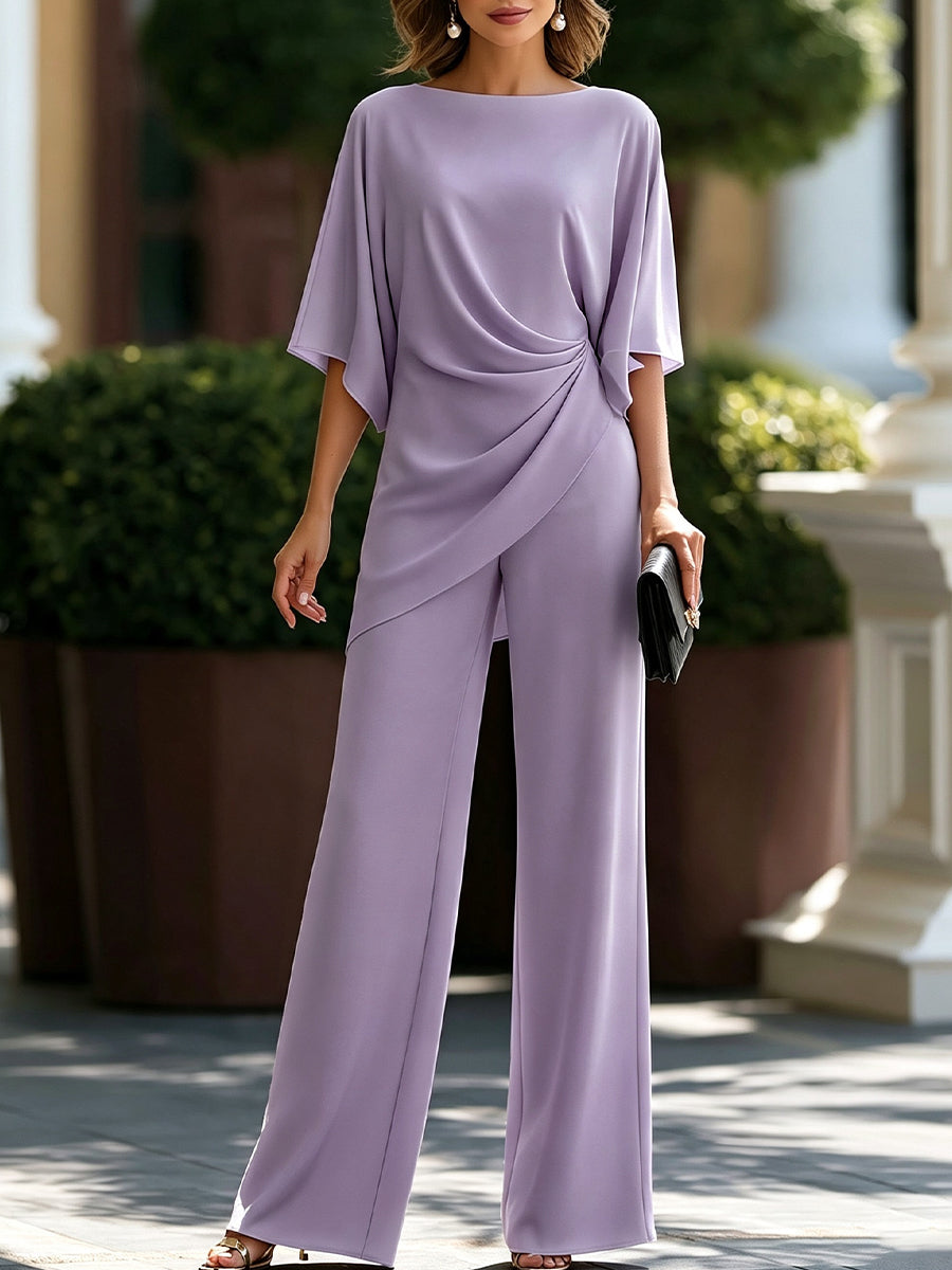 Completo Due Pezzi da Donna con Drappeggio Asimmetrico – Top con Scollo a Barca e Pantaloni a Gamba Larga