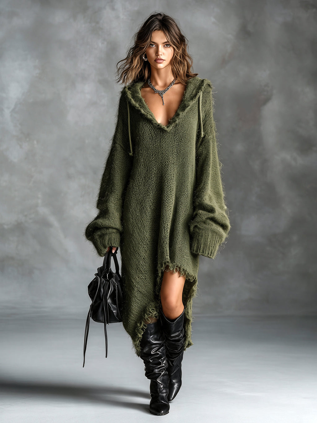 Abito Lungo da Donna in Maglia Soffice con Cappuccio | Vestito Oversize Caldo con Spacco e Orlo Sfilacciato