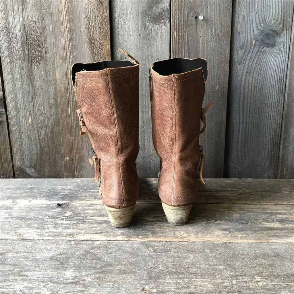 Stivali da Donna a Mezza Gamba in Pelle Impermeabile con Tacco Cubano Basso | Stivali Vintage con Doppia Zip Laterale, Risvolto alla Caviglia e Fodera Morbida