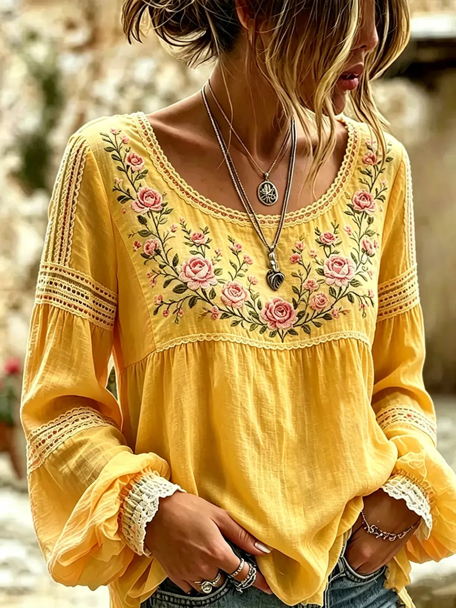 Camicetta da Donna in Lino con Ricami Floreali e Inserti in Pizzo | Blusa Bohémien a Maniche Lunghe con Ampio Scollo Rotondo