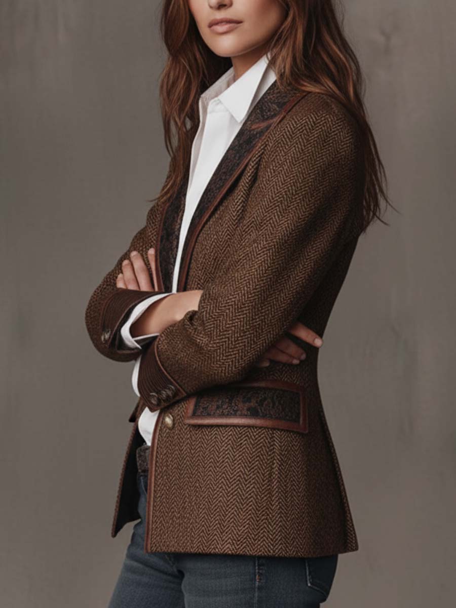 Blazer Sartoriale da Donna con Inserti Geometrici a Zigzag e Profili a Contrasto | Giacca Strutturata a Spina di Pesce a Due Bottoni con Tasche