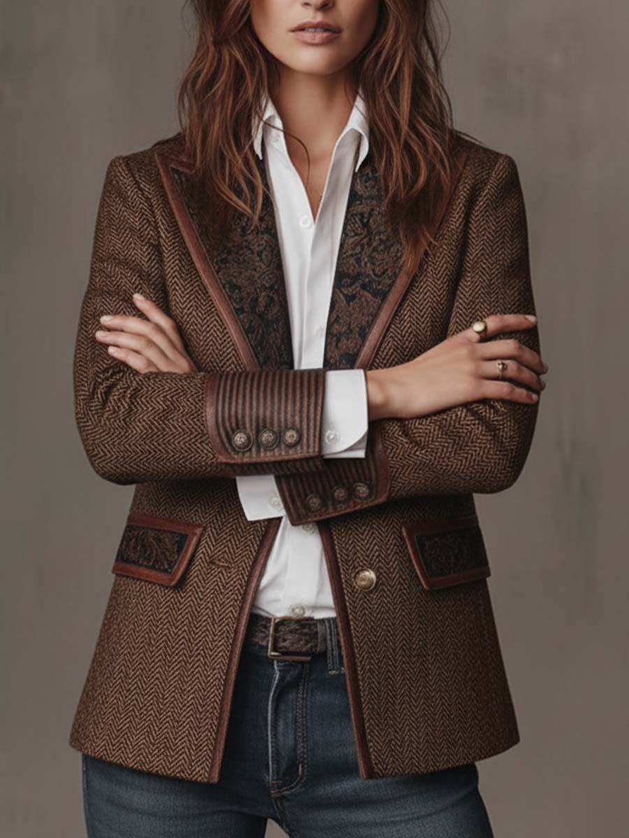 Blazer Sartoriale da Donna con Inserti Geometrici a Zigzag e Profili a Contrasto | Giacca Strutturata a Spina di Pesce a Due Bottoni con Tasche