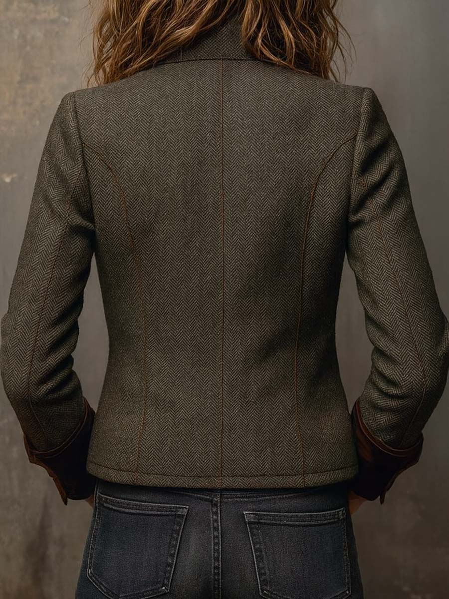Blazer da Donna Vintage a Spina di Pesce con Finiture a Contrasto | Giacca Sartoriale Elegante con Revers e Tasche con Patta