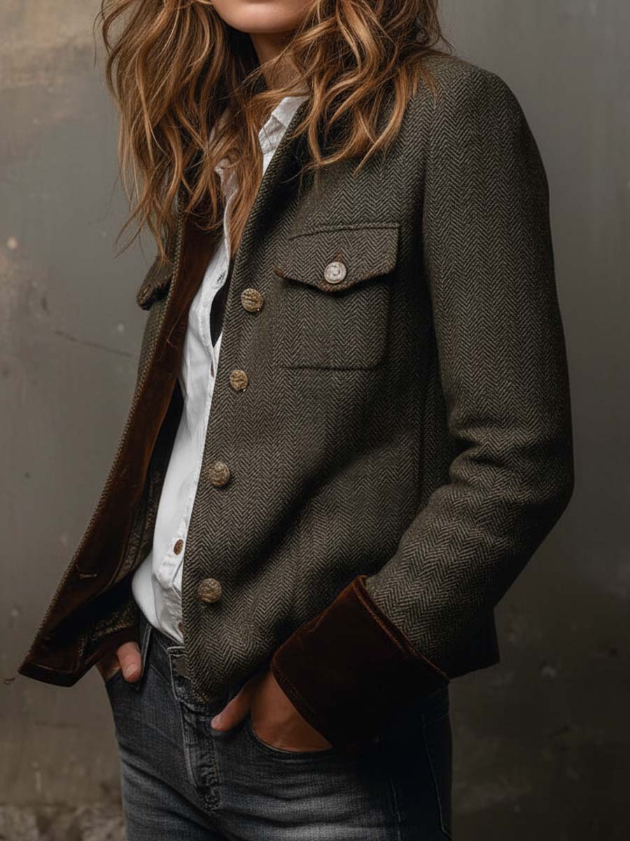 Blazer da Donna Vintage a Spina di Pesce con Finiture a Contrasto | Giacca Sartoriale Elegante con Revers e Tasche con Patta