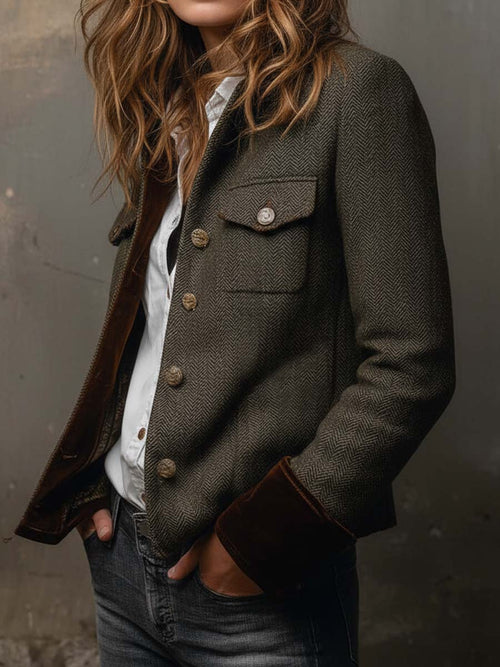 Blazer da Donna Vintage a Spina di Pesce con Finiture a Contrasto | Giacca Sartoriale Elegante con Revers e Tasche con Patta