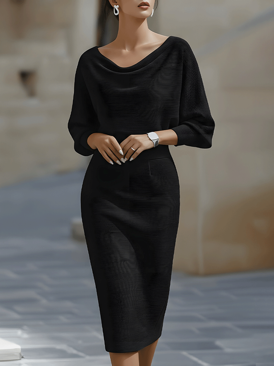 Abito Midi da Donna con Maniche a Pipistrello Drappeggiate | Vestito Elegante a Tubino Morbido