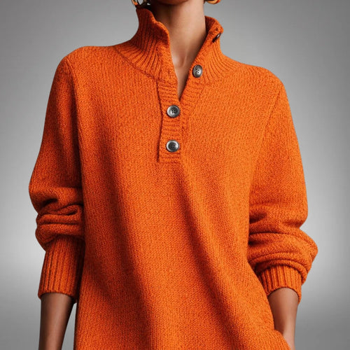 Abito Midi da Donna in Maglia Morbida con Colletto a Bottoni e Tasche | Vestito Casual Elegante a Maniche Lunghe