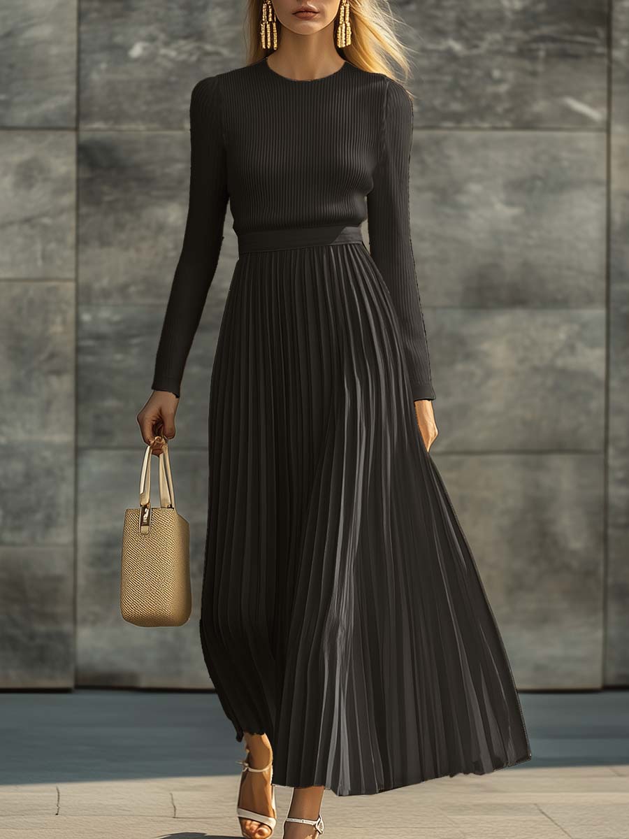 Abito Midi da Donna in Maglia a Costine con Gonna Plissettata | Vestito Elegante a Maniche Lunghe