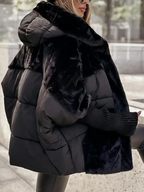 Piumino da Donna Oversize Ibrido con Dettagli in Pelliccia e Maniche in Maglia | Giacca Invernale Imbottita con Cappuccio e Zip