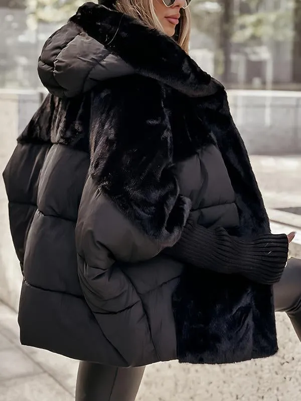 Piumino da Donna Oversize Ibrido con Dettagli in Pelliccia e Maniche in Maglia | Giacca Invernale Imbottita con Cappuccio e Zip