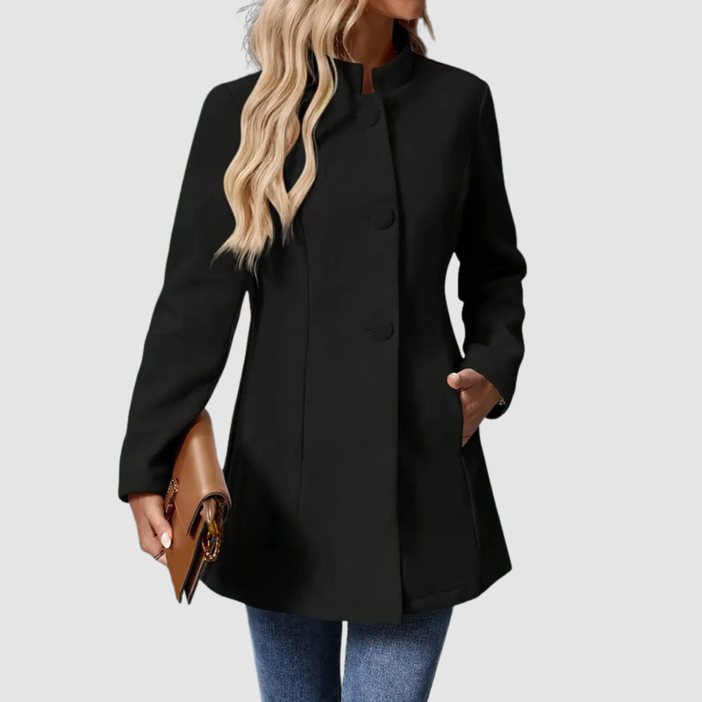Giacca Sartoriale da Donna con Collo alla Coreana | Soprabito Elegante Monopetto con Bottoni Rivestiti