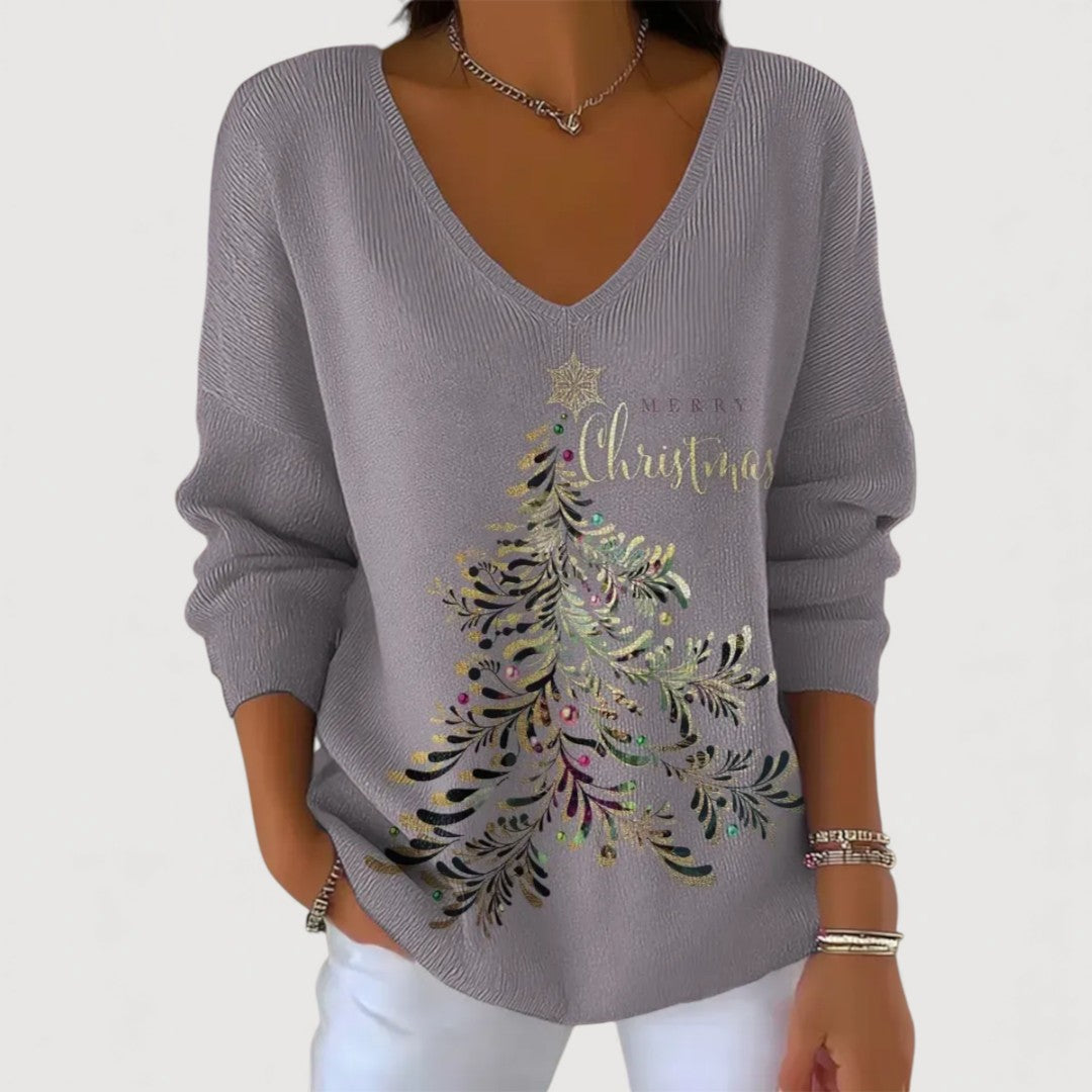 Maglia da Donna a Maniche Lunghe con Scollo a V e Stampa Albero di Natale | Maglietta Festiva Morbida con Grafica Glitter