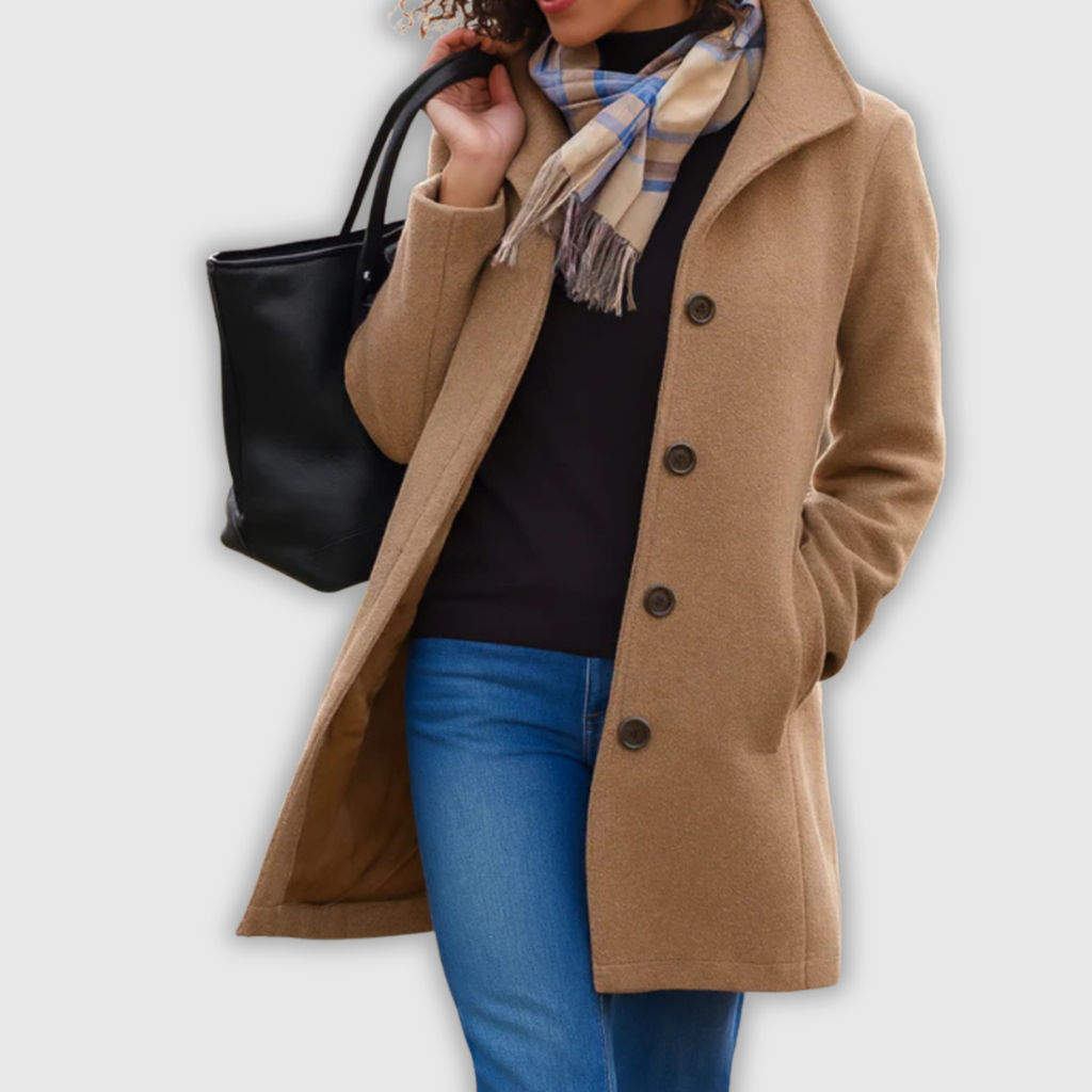 Cappotto Classico Invernale da Donna in Misto Lana con Colletto Rialzato | Soprabito Sartoriale Lungo con Abbottonatura Frontale e Tasche