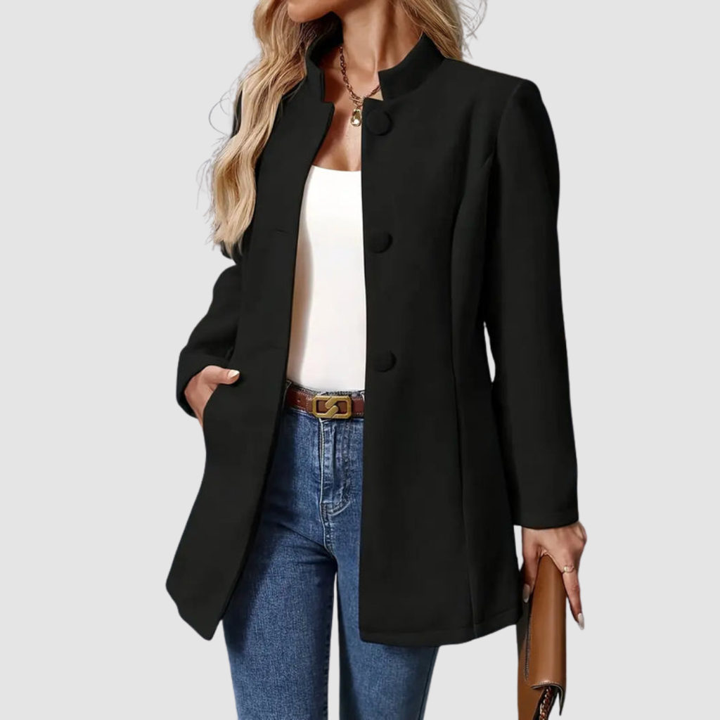 Giacca Sartoriale da Donna con Collo alla Coreana | Soprabito Elegante Monopetto con Bottoni Rivestiti