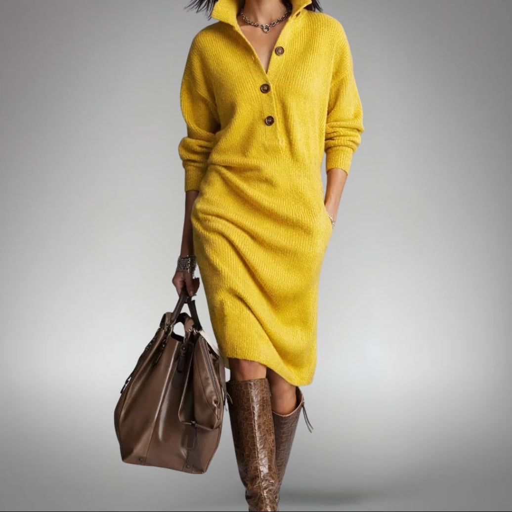 Abito Midi da Donna in Maglia Morbida con Colletto a Bottoni e Tasche | Vestito Casual Elegante a Maniche Lunghe