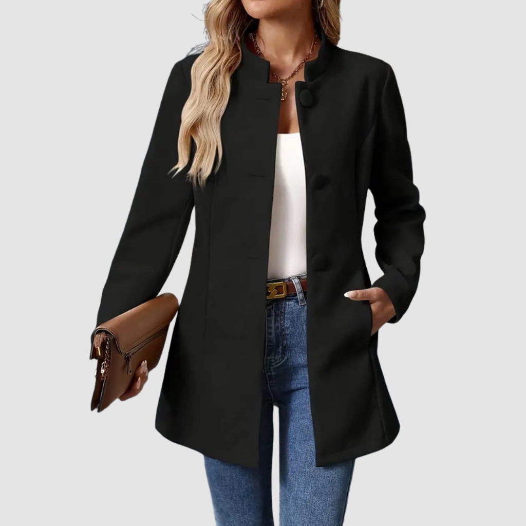 Giacca Sartoriale da Donna con Collo alla Coreana | Soprabito Elegante Monopetto con Bottoni Rivestiti
