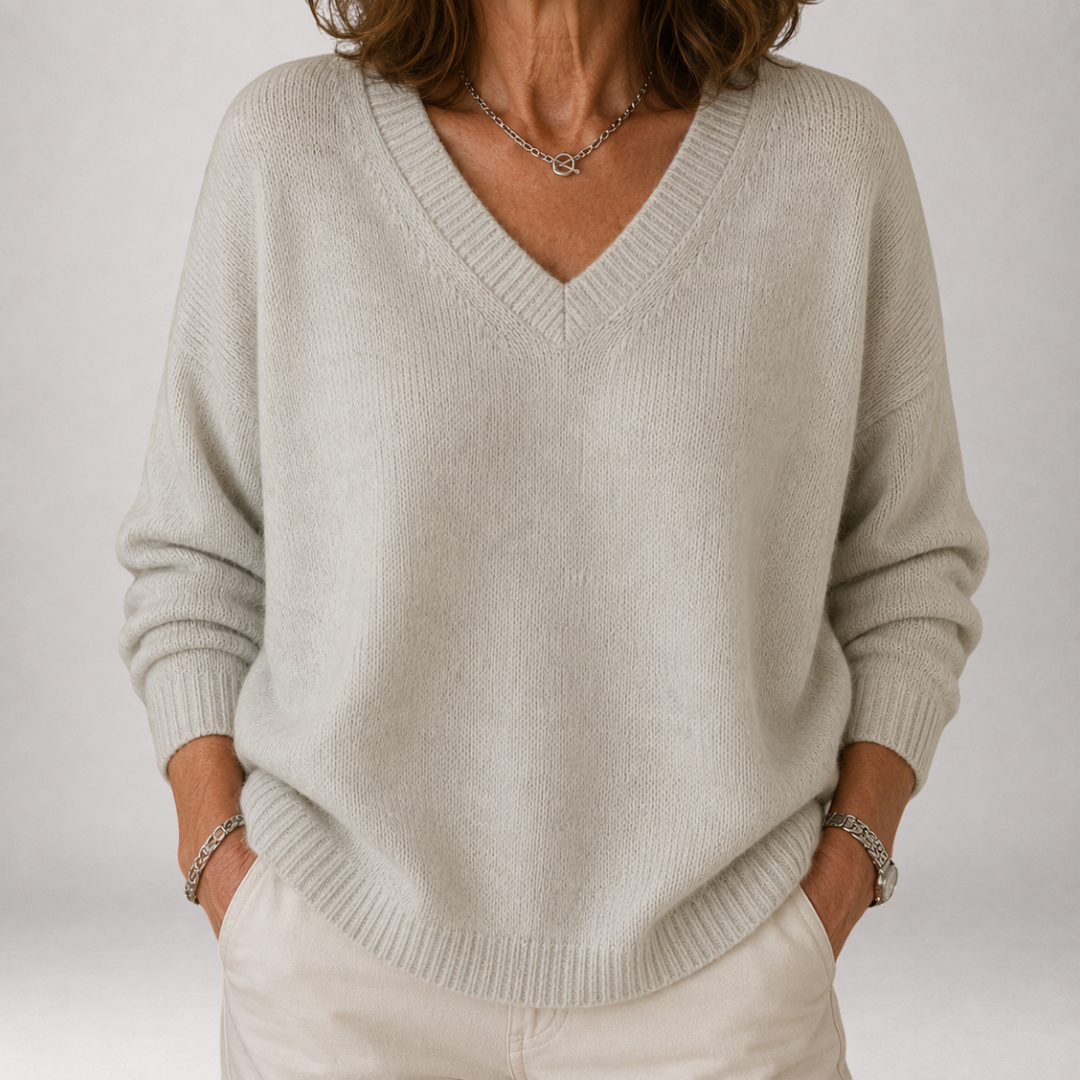 Maglione da Donna in Maglia Soffice Spazzolata con Scollo a V a Costine | Pullover Morbido Tinta Unita con Spalla Scesa e Taglio Rilassato