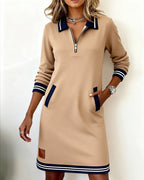 Abito Polo Sportivo a Maniche Lunghe con Mezza Zip da Donna – Vestito Casual in Felpa con Bordi a Righe e Tasche