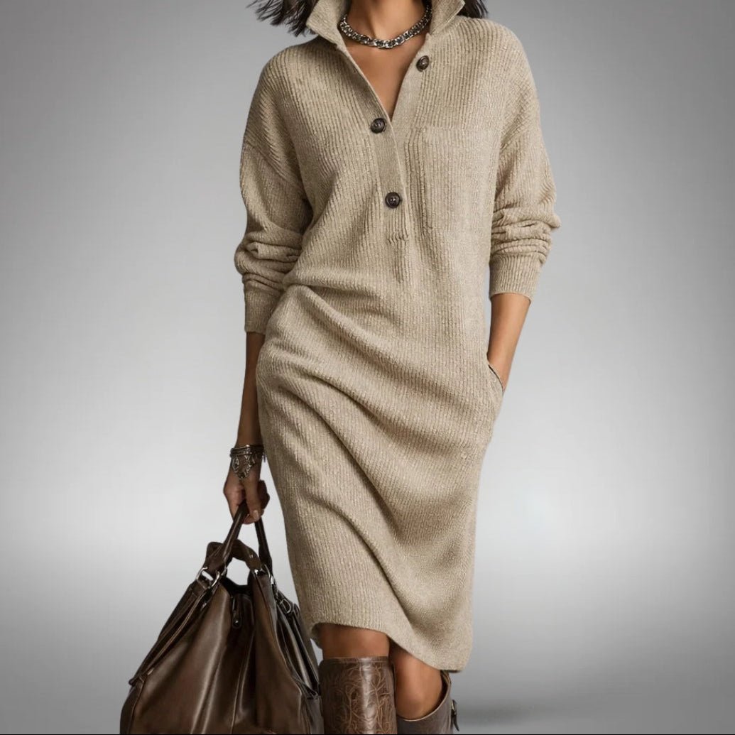Abito Midi da Donna in Maglia Morbida con Colletto a Bottoni e Tasche | Vestito Casual Elegante a Maniche Lunghe