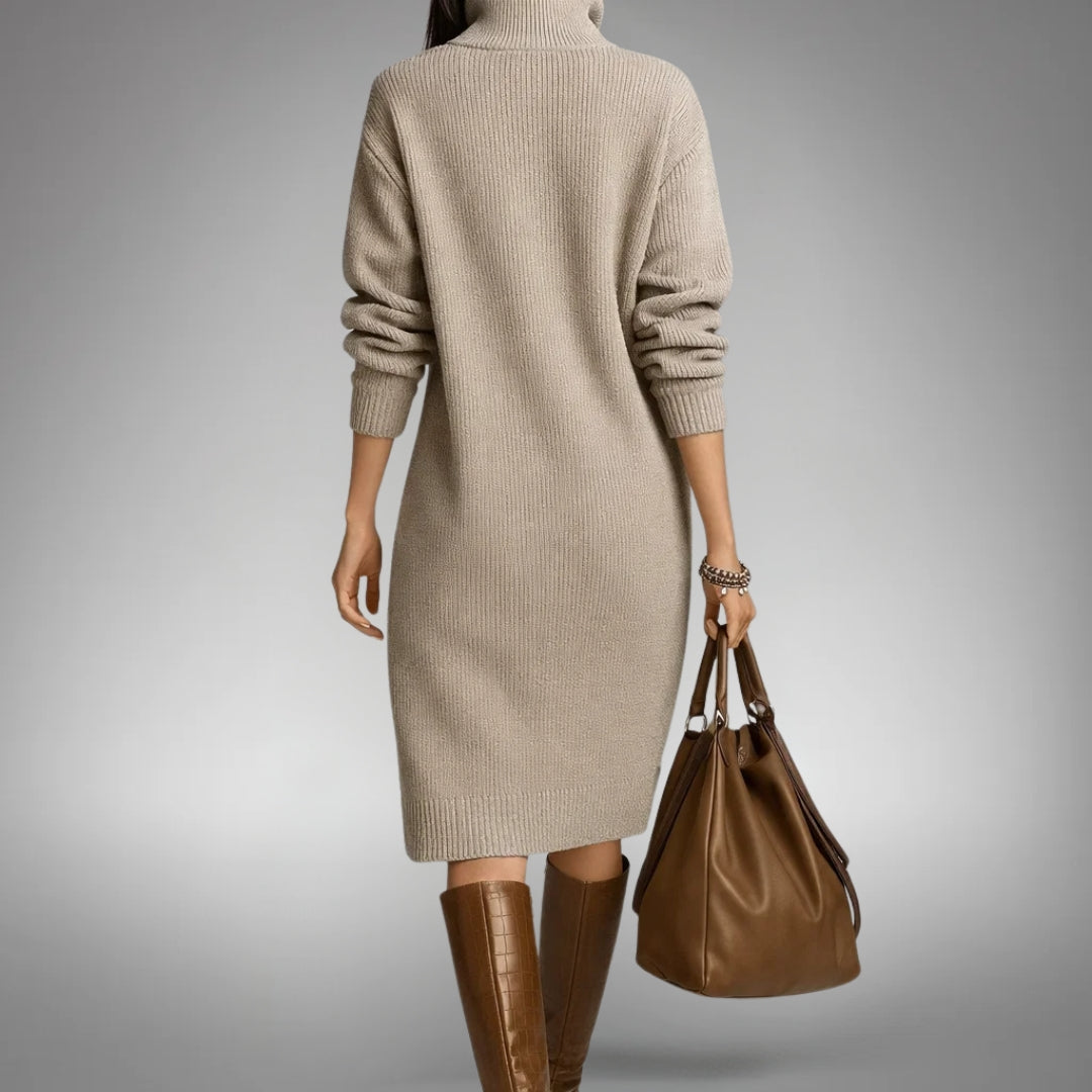 Abito Midi da Donna in Maglia Morbida con Colletto a Bottoni e Tasche | Vestito Casual Elegante a Maniche Lunghe