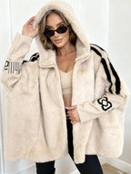 Cappotto con Cappuccio da Donna in Morbida Pelliccia Sintetica con Zip Frontale | Giacca Invernale Calda a Mantella con Polsini in Maglia e Bande Sporty a Contrasto