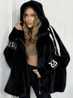 Cappotto con Cappuccio da Donna in Morbida Pelliccia Sintetica con Zip Frontale | Giacca Invernale Calda a Mantella con Polsini in Maglia e Bande Sporty a Contrasto