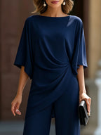 Completo Due Pezzi da Donna con Drappeggio Asimmetrico – Top con Scollo a Barca e Pantaloni a Gamba Larga