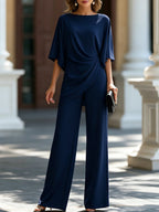 Completo Due Pezzi da Donna con Drappeggio Asimmetrico – Top con Scollo a Barca e Pantaloni a Gamba Larga