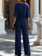 Completo Due Pezzi da Donna con Drappeggio Asimmetrico – Top con Scollo a Barca e Pantaloni a Gamba Larga