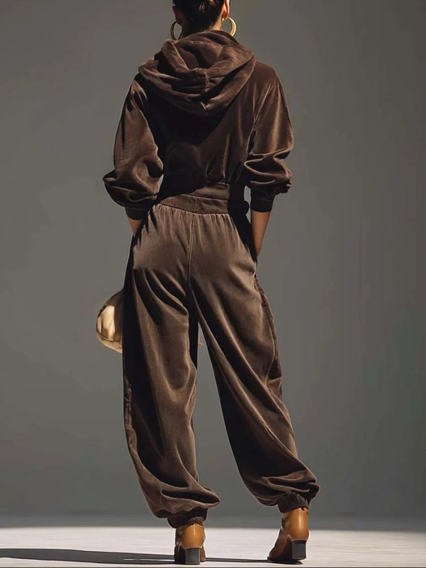 Completo Due Pezzi da Donna in Velluto con Felpa a Cappuccio Morbido e Pantaloni Ampi con Cintura | Tuta Elegante Loungewear