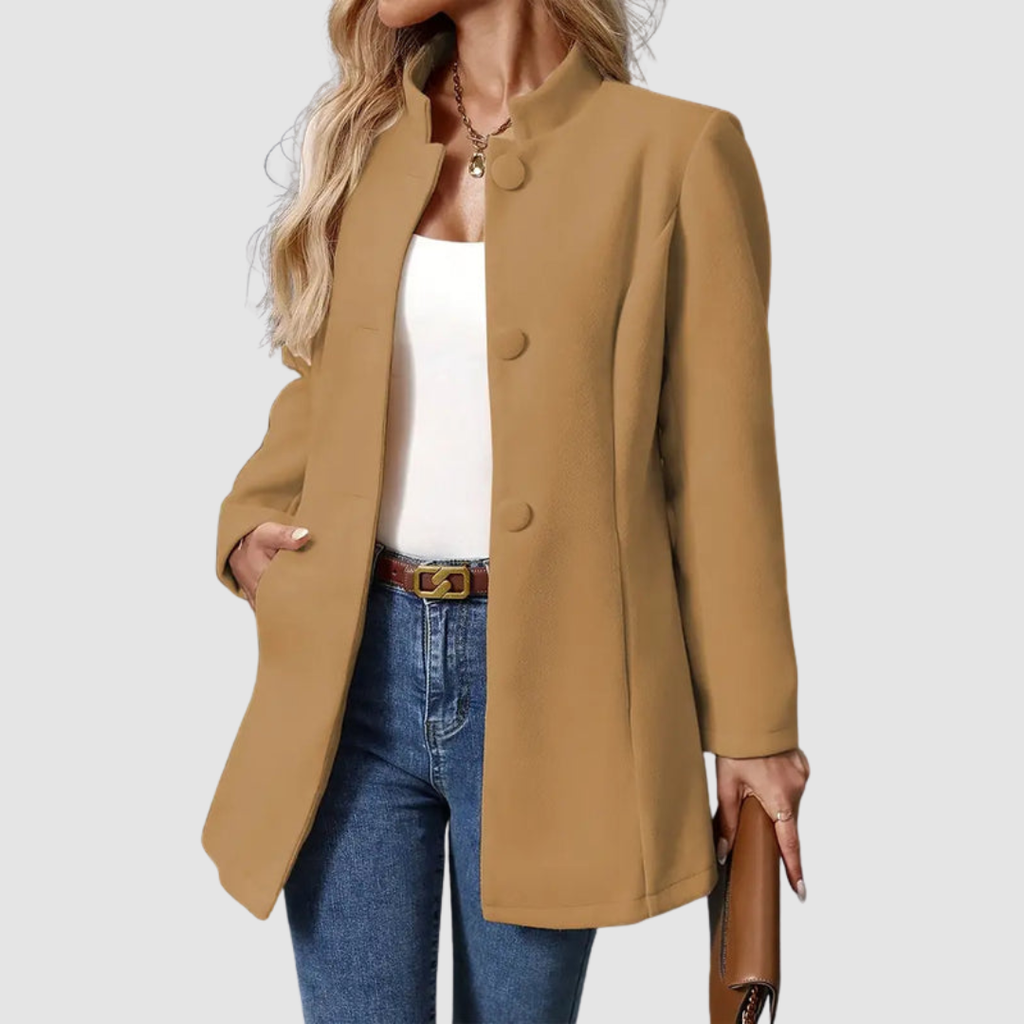 Giacca Sartoriale da Donna con Collo alla Coreana | Soprabito Elegante Monopetto con Bottoni Rivestiti
