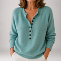 Maglione da Donna in Maglia Morbida Stile Henley con Bottoni Frontali | Pullover Tinta Unita con Maniche Raglan e Finiture a Costine