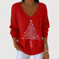 Maglia da Donna a Maniche Lunghe con Scollo a V e Stampa Albero di Natale | Maglietta Festiva Morbida con Grafica Glitter