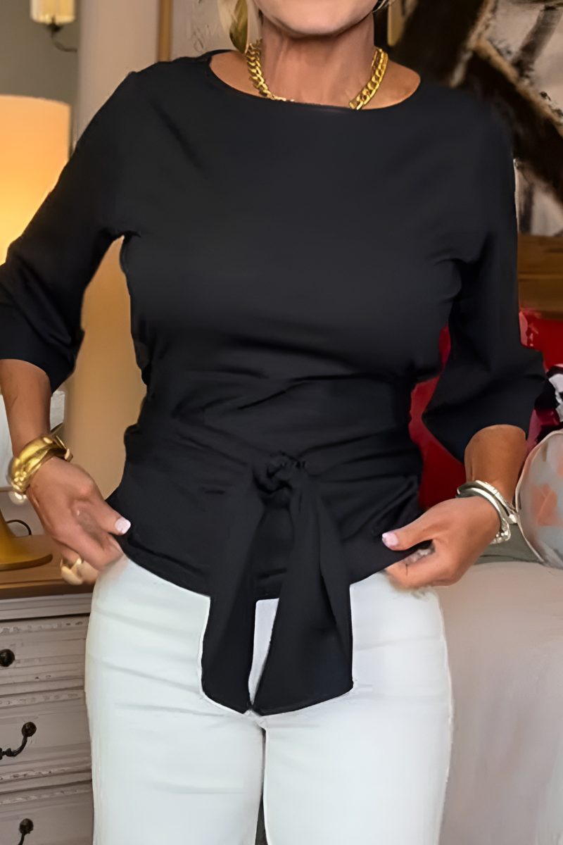 Maglia da Donna a Maniche a 3/4 con Nodo in Vita | Blusa Elegante Girocollo Sagomata con Cintura da Annodare