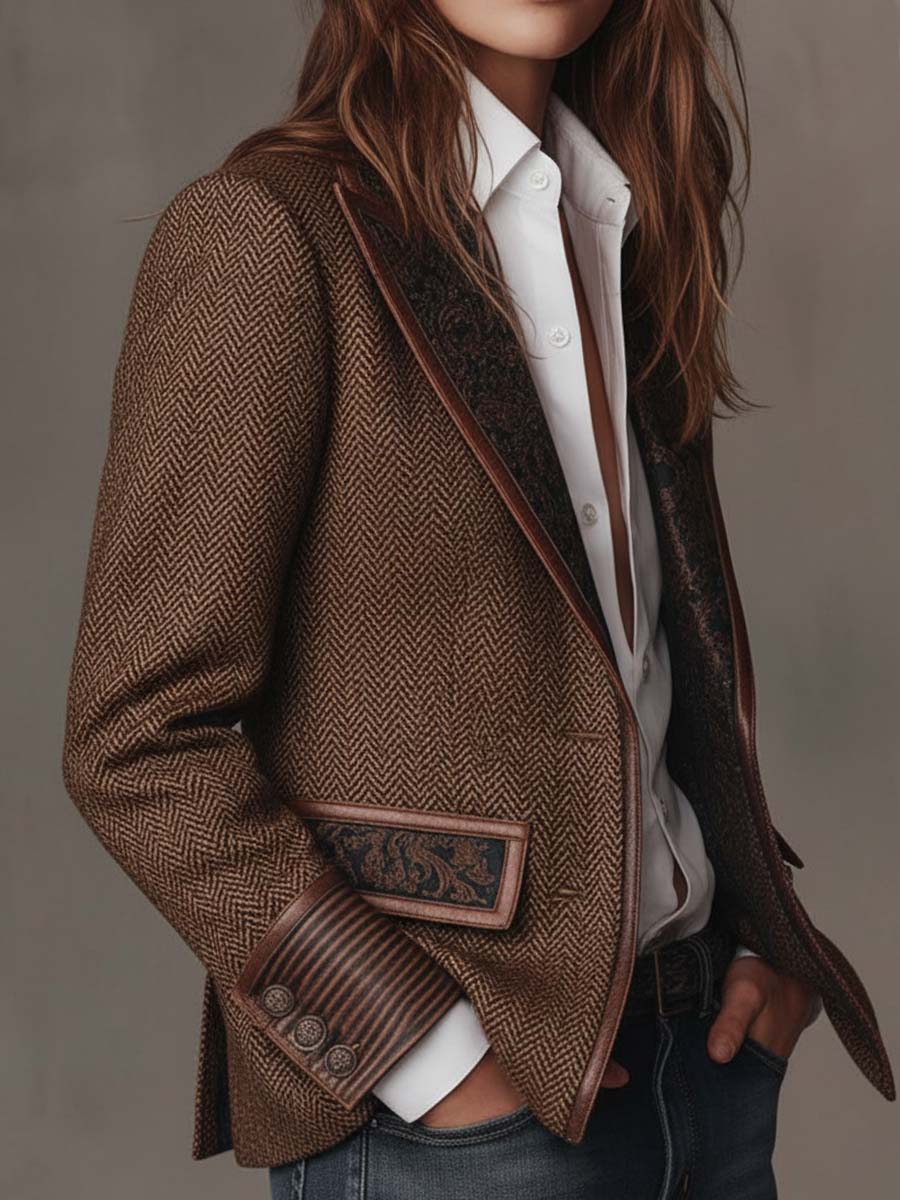 Blazer Sartoriale da Donna con Inserti Geometrici a Zigzag e Profili a Contrasto | Giacca Strutturata a Spina di Pesce a Due Bottoni con Tasche