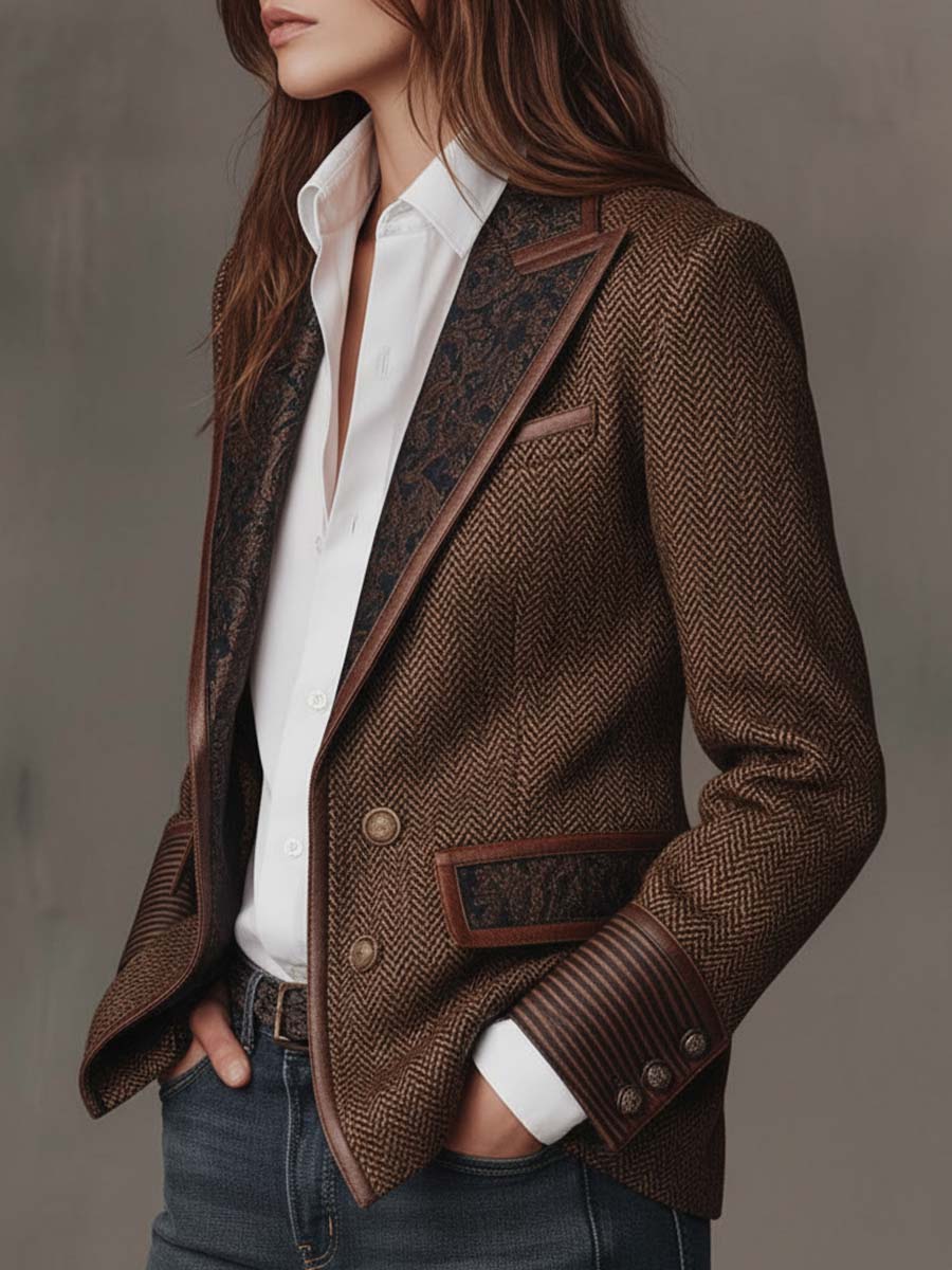 Blazer Sartoriale da Donna con Inserti Geometrici a Zigzag e Profili a Contrasto | Giacca Strutturata a Spina di Pesce a Due Bottoni con Tasche