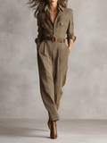 Tuta Intera Elegante da Donna a Gamba Larga | Jumpsuit a Quadri con Cintura e Colletto