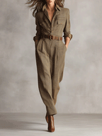 Tuta Intera Elegante da Donna a Gamba Larga | Jumpsuit a Quadri con Cintura e Colletto