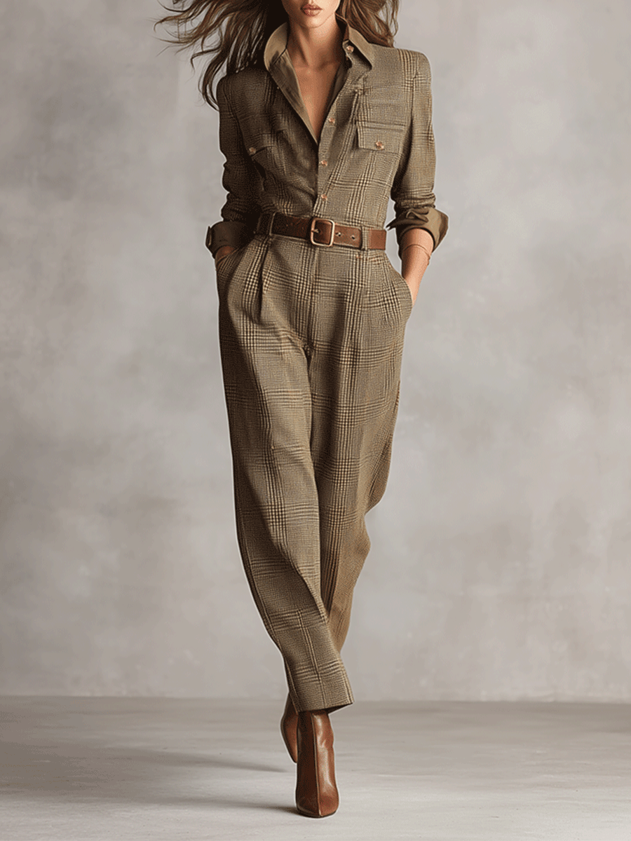 Tuta Intera Elegante da Donna a Gamba Larga | Jumpsuit a Quadri con Cintura e Colletto