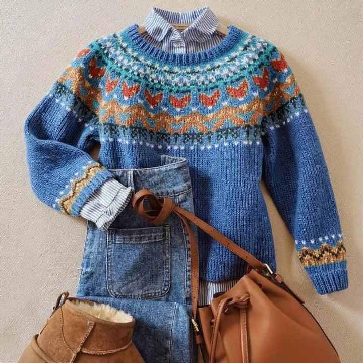 Maglione da Donna in Maglia Morbida con Motivo Nordico Vintage | Pullover Caldo Girocollo a Maniche Lunghe
