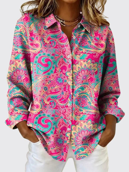 Camicia da Donna con Stampa Paisley a Fantasia | Blusa Elegante a Maniche Lunghe con Colletto a Punta e Bottoni