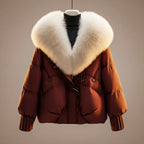 Cappotto corto elegante donna con collo in pelliccia sintetica