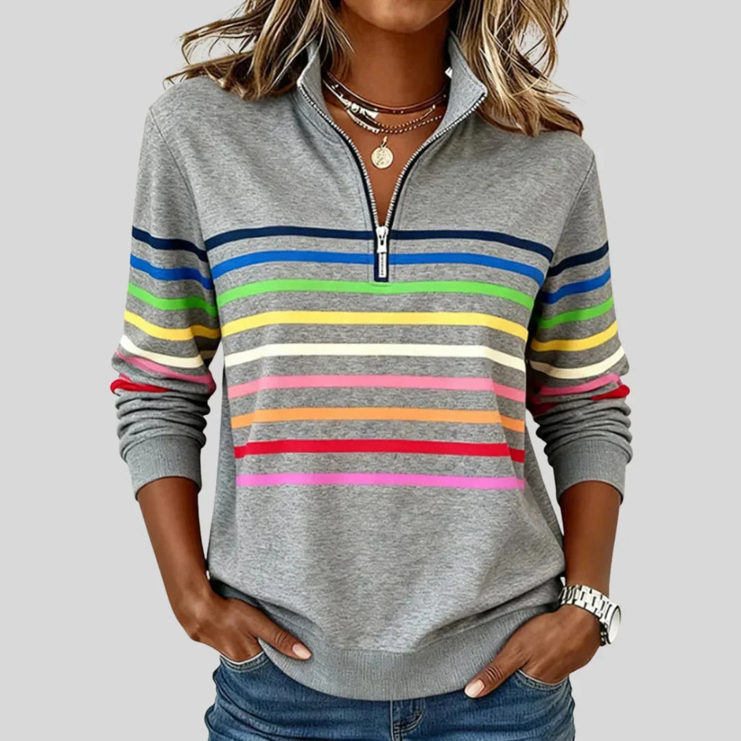 Felpa donna con mezza zip a righe multicolore