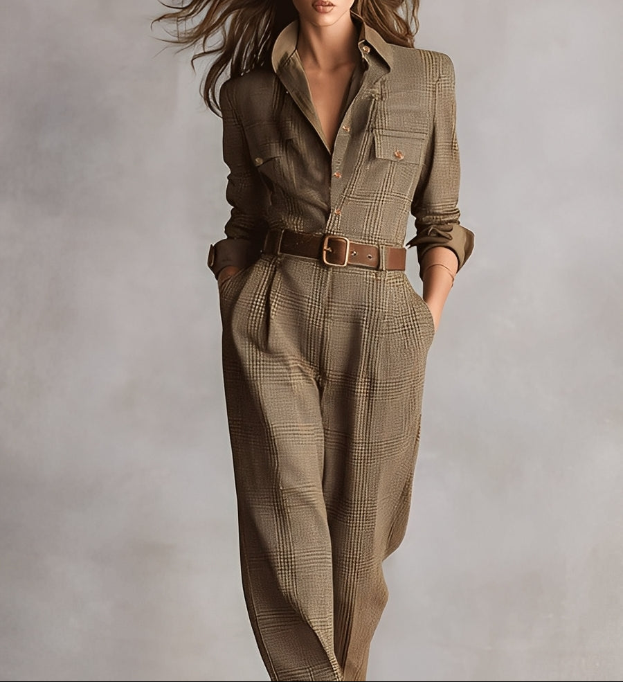 Tuta Intera Elegante da Donna a Gamba Larga | Jumpsuit a Quadri con Cintura e Colletto