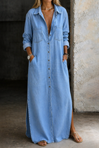 Abito Lungo da Donna in Denim con Bottoni e Tasche | Vestito Chemisier Maxi in Jeans con Colletto a Camicia e Spacchi Laterali