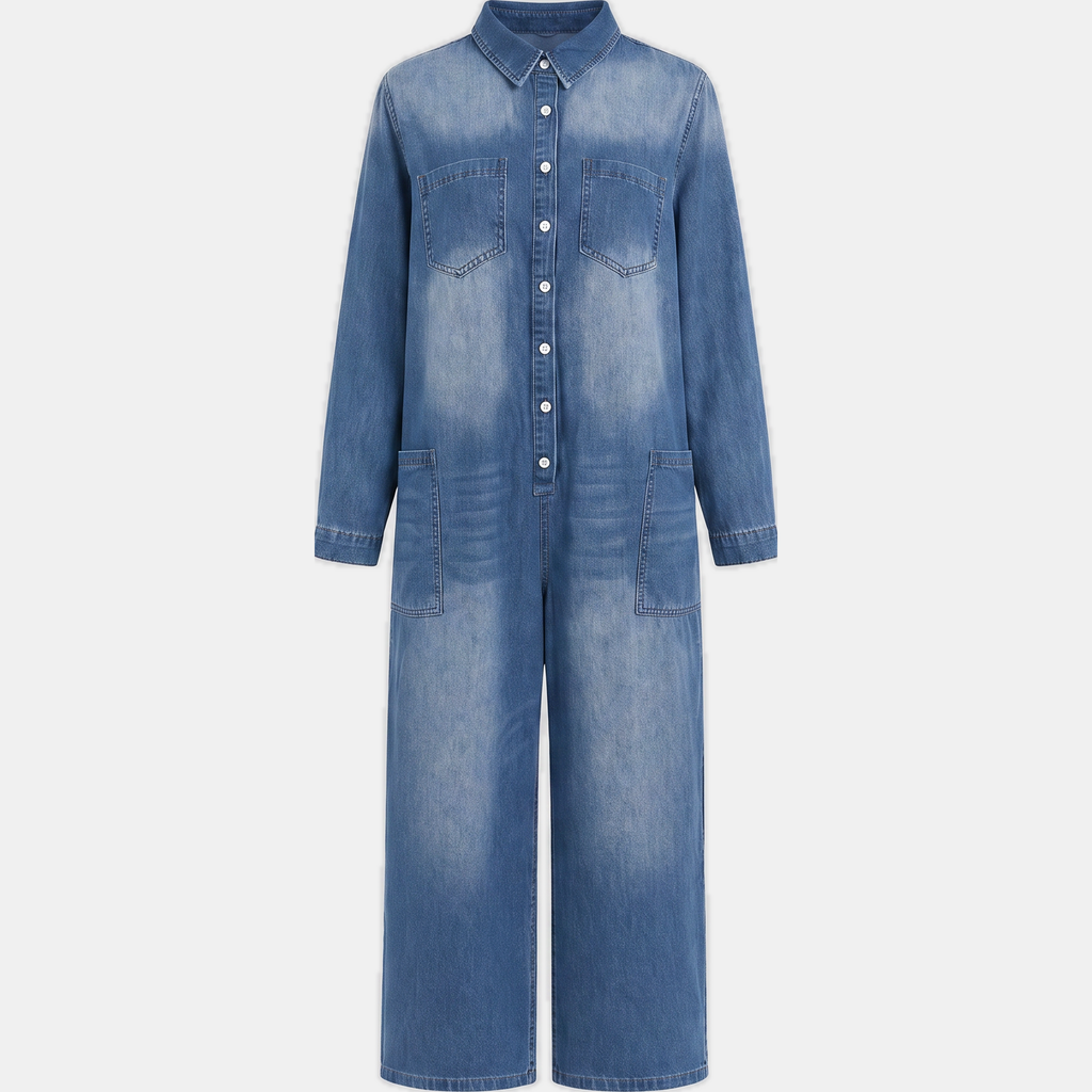 Tuta Intera Donna in Denim Lavato a Gamba Larga con Bottoni