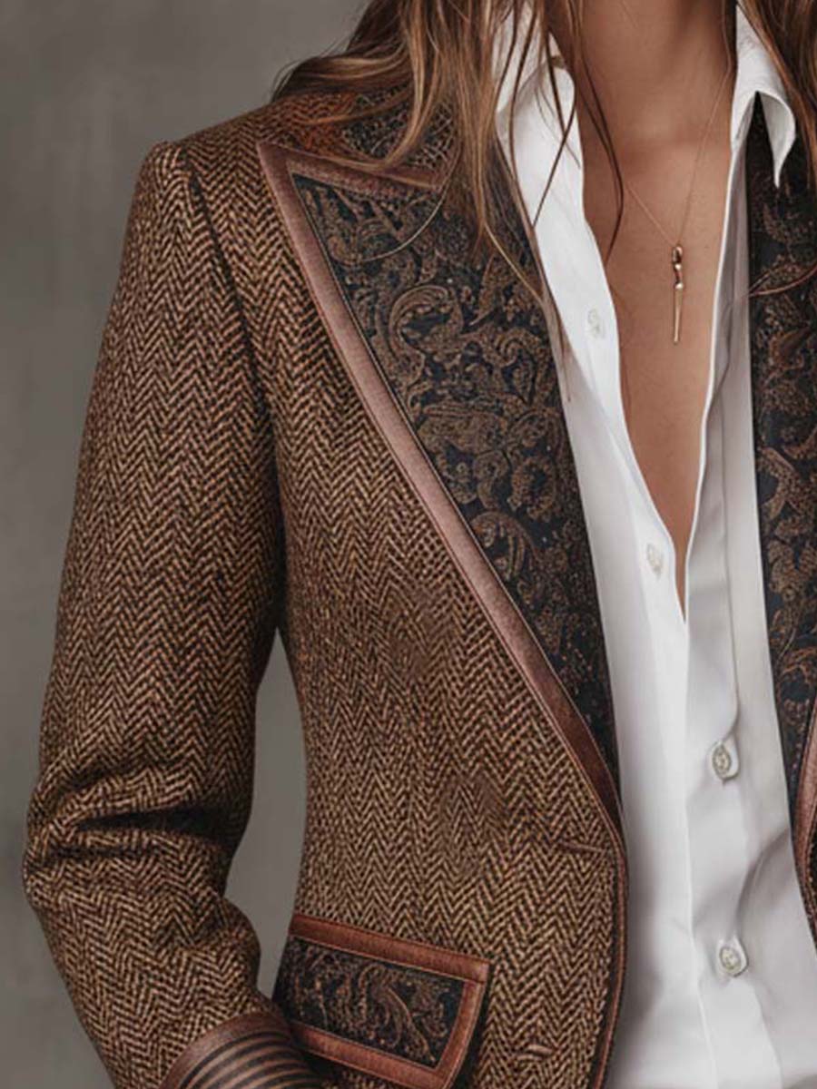 Blazer Sartoriale da Donna con Inserti Geometrici a Zigzag e Profili a Contrasto | Giacca Strutturata a Spina di Pesce a Due Bottoni con Tasche